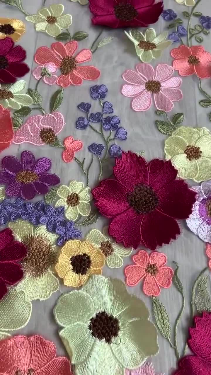 Colorful Embroidered Tulle Lace Fabric With 3d Flowers