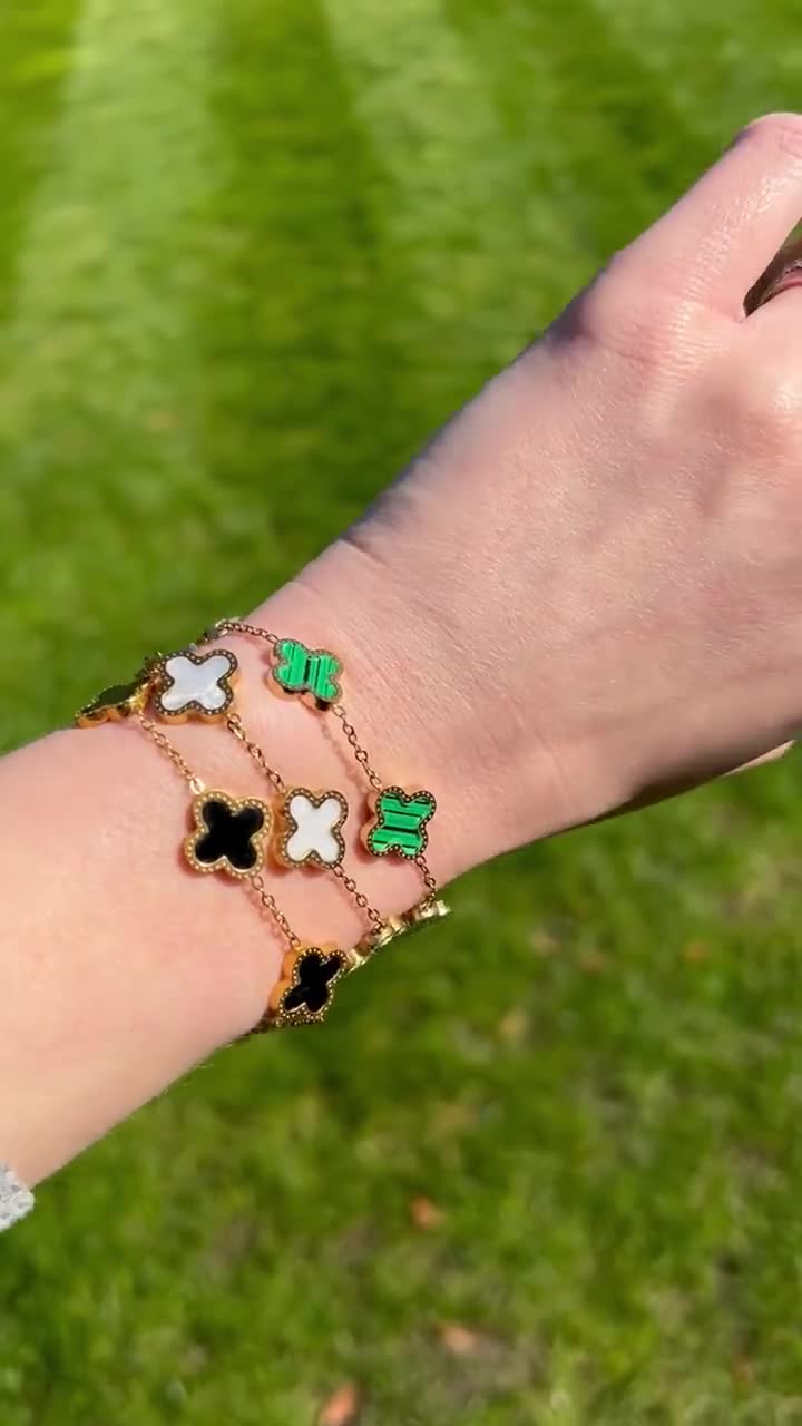 Four Leaf Clover Bracelet thick gold plated with zircons black, white &  green