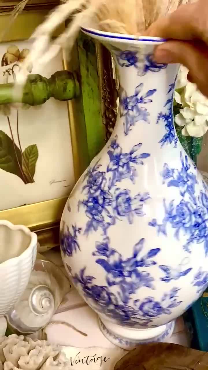 Vintage Blue Transferware Vase: Floral Bird Design, European Decor
