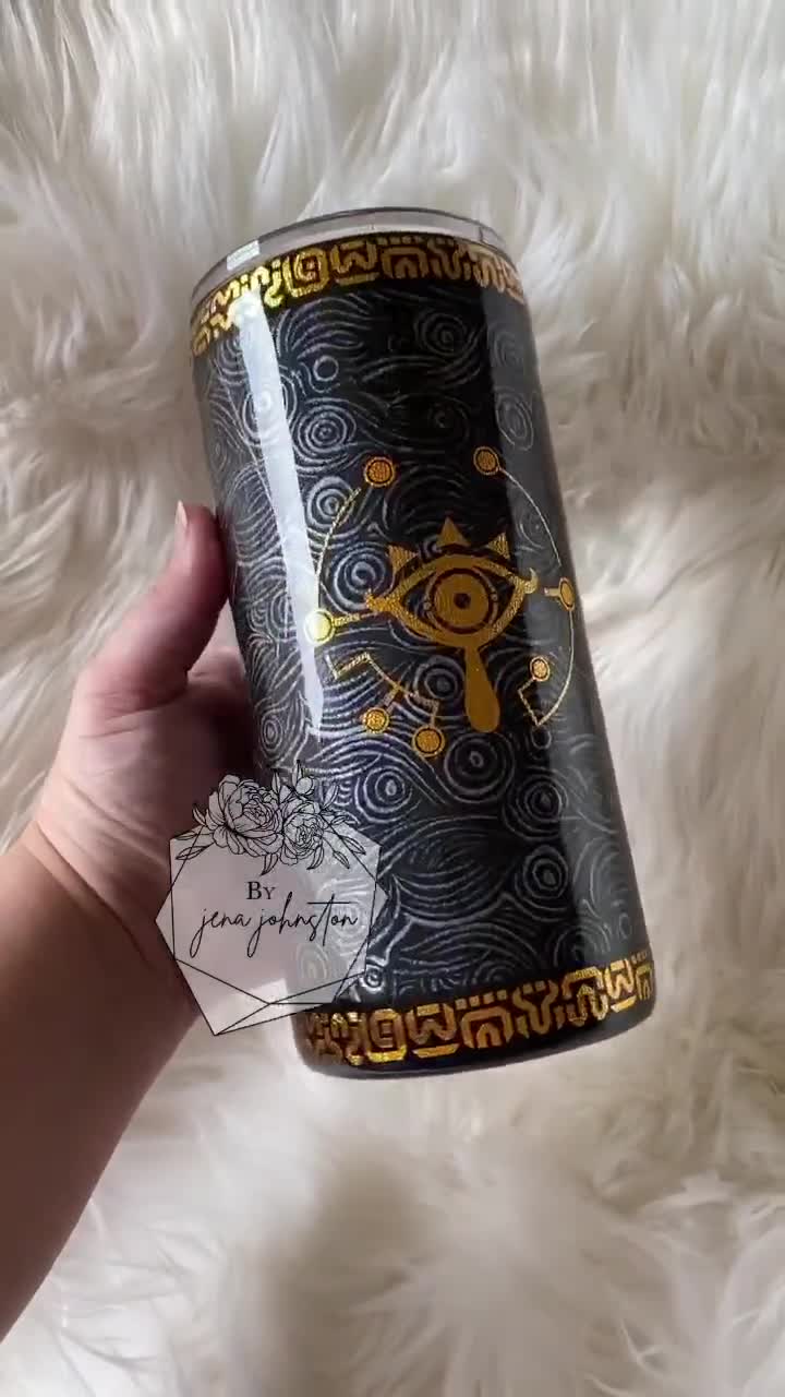 Custom 50oz Simple Modern Gold & Glow Zelda Tears of the Kingdom Tumbler.  Sheikah Slate Text. Distressed Battle Tumbler. Gold Texture. 