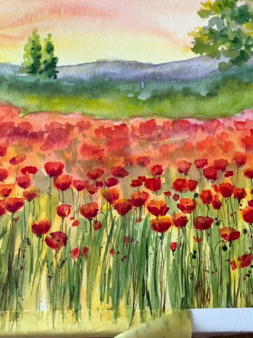 Poppy Fields Painting Landscape Watercolor Artwork Original Tuscany Painting Wildflower French Provence 12 16 inches