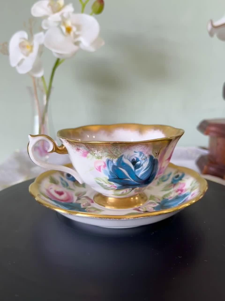 Vintage Royal Albert Summer Bounty Series Sapphire in Rose cabbage heavy  gold tea cup and saucer, Made in England ( 2nd Quality )#2205262