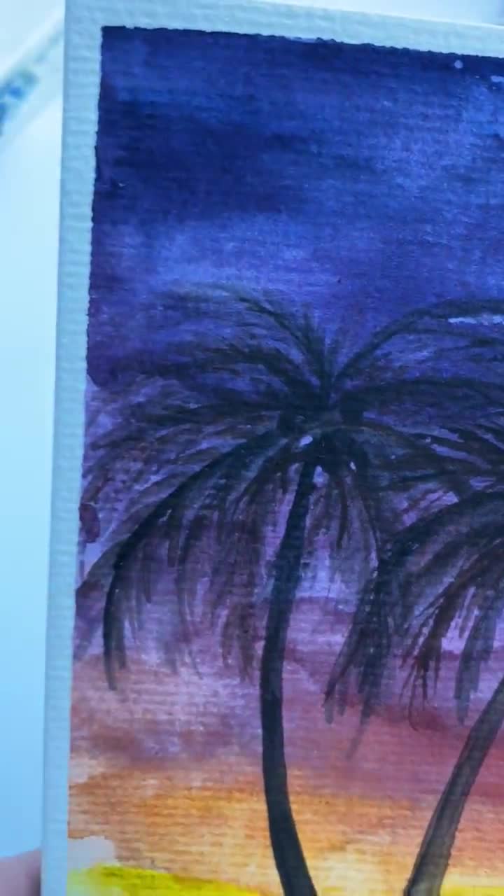 ハワイの海景水彩画：オリジナルヤシの木のビーチアート（8x6