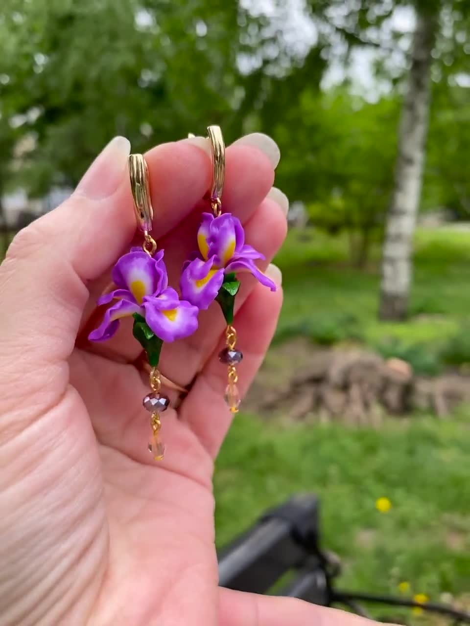 Iris earrings Iris jewelry Iris flower earrings Polymer clay earrings  Handmade earrings Iris flower jewelry Dangle iris earrings