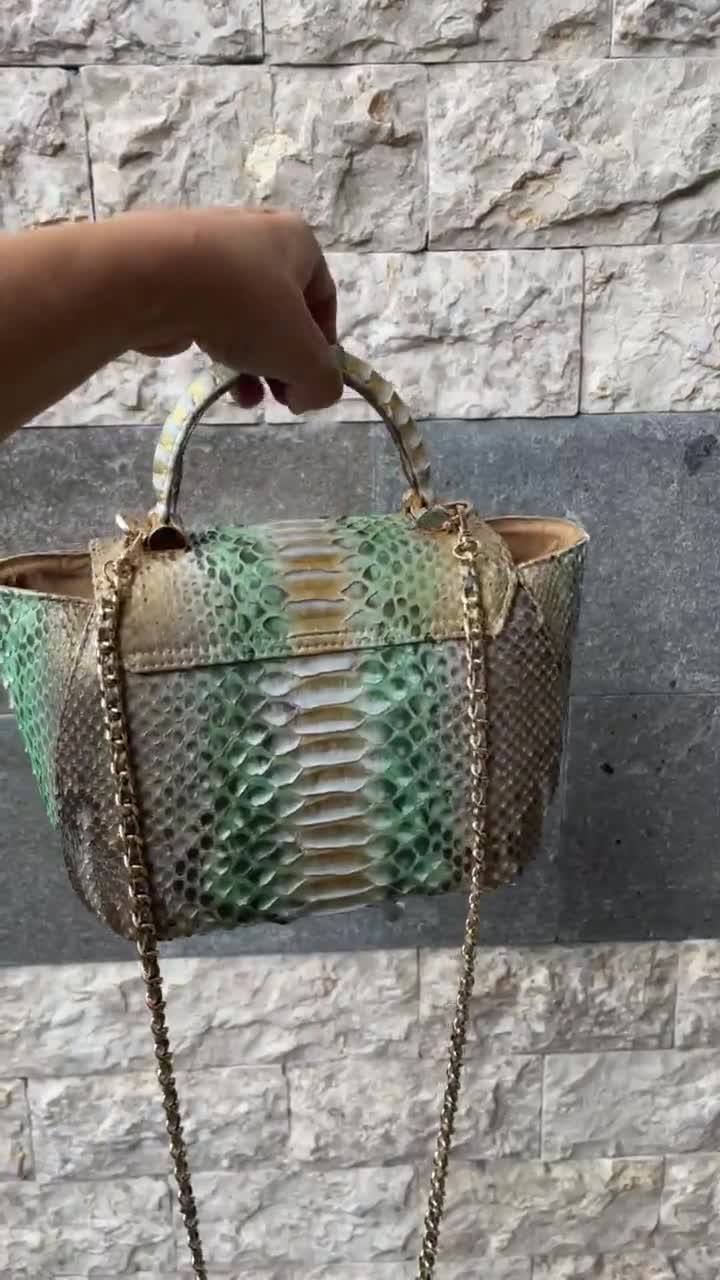 Genuine Python Top Handle Bag / Designer Bag / Exotic Leather Bag / Lime Multicolor Summer Bag / Snake Print Leather Designer Classy Purse