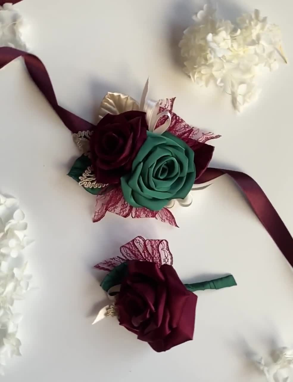 Emerald Green and Silver Wrist Corsage or Boutonnière 