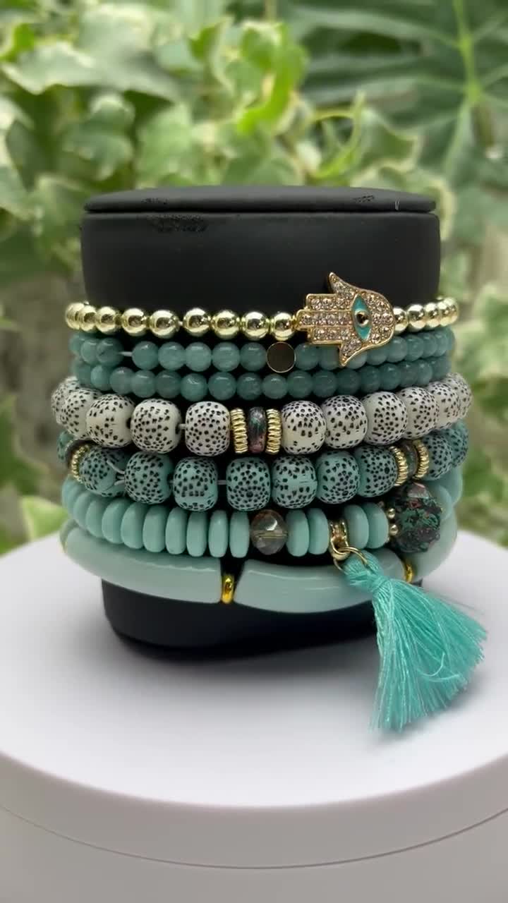 Blue Boho Chic Bead Bracelet Set, Trendy Stylish Stacked