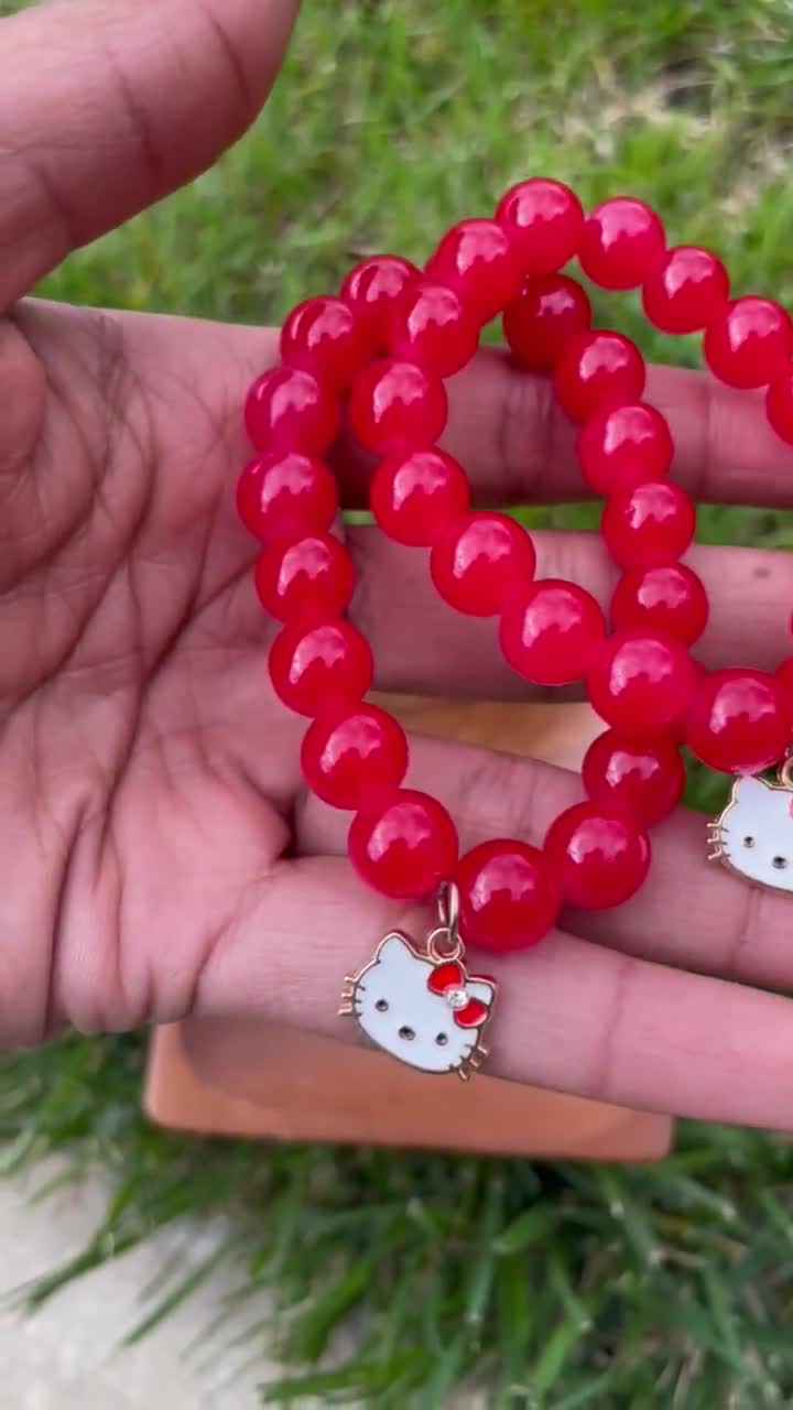 Hello Kitty Charm Bracelet, Hello Kitty Charms, Hello Kitty Jewelry, Red  Bracelets, Round Glass Bead Bracelet, Custom Bracelets 
