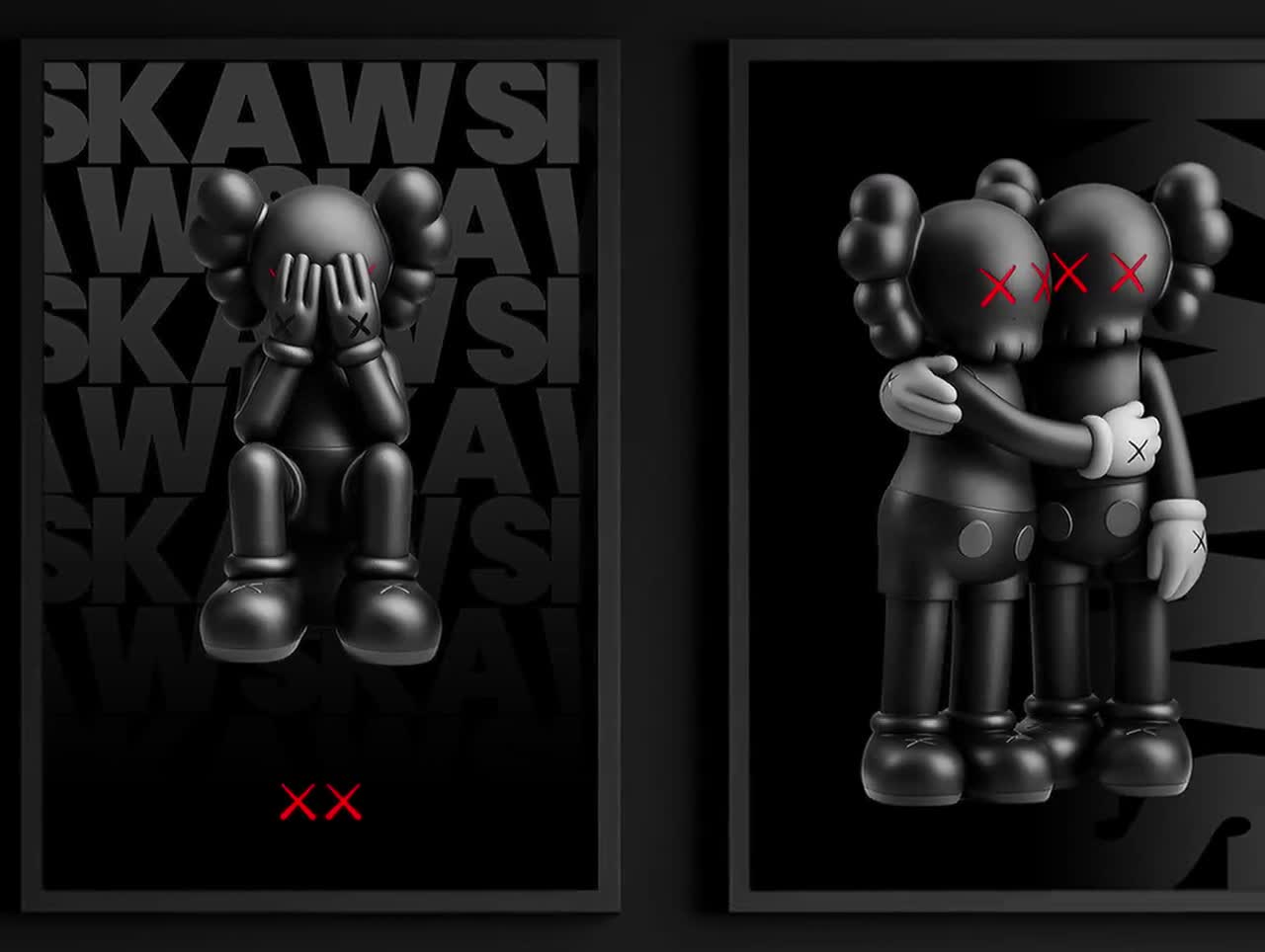 Set of 3 Black & Red KAWS Digital Wall Art Posters, Hypebeast