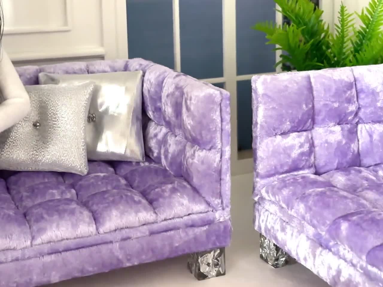 Handmade Doll House Furniture Sofa, Couch. 12 inch Doll Sofa, Couch. order Purple Fabric Scale 1:6 Miniature Furniture.