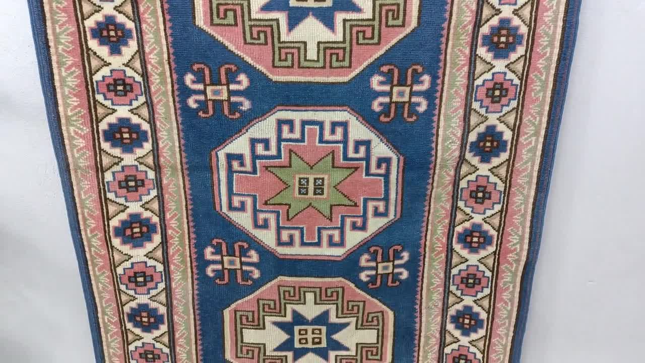 ピンクブルーラグ、ヴィンテージラグ、手織りラグ、玄関ラグ、キャビン