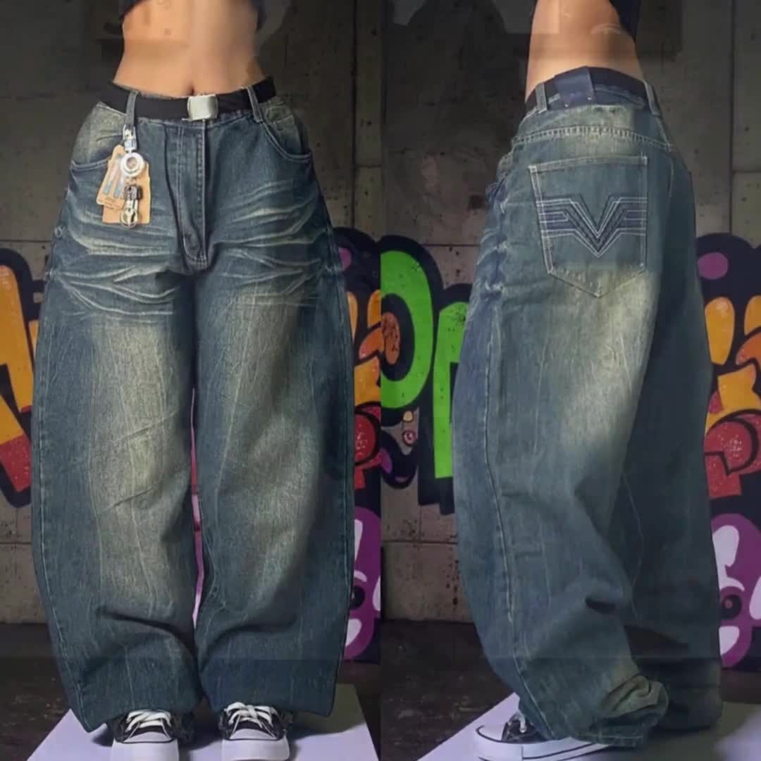 Y2K Wide-leg Jeans, Retro American Streetwear, Reverse Wash Denim