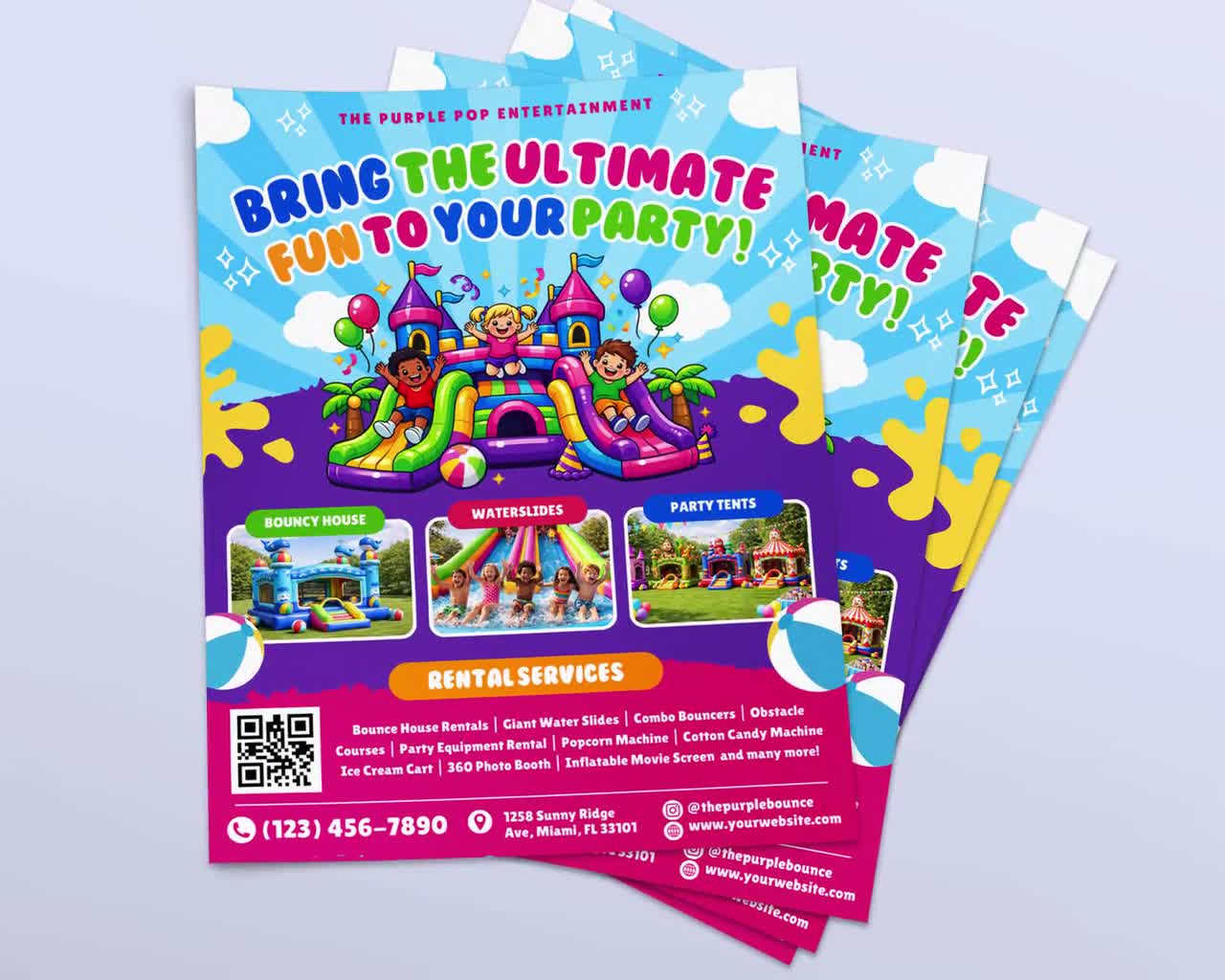 Plantilla de folleto para alquiler de castillos hinchables, fiestas infantiles, anuncios de alquiler de inflables, toboganes acuáticos, alquiler de carpas, sillas y mesas, marketing para fiestas de saltos en Canva video poster