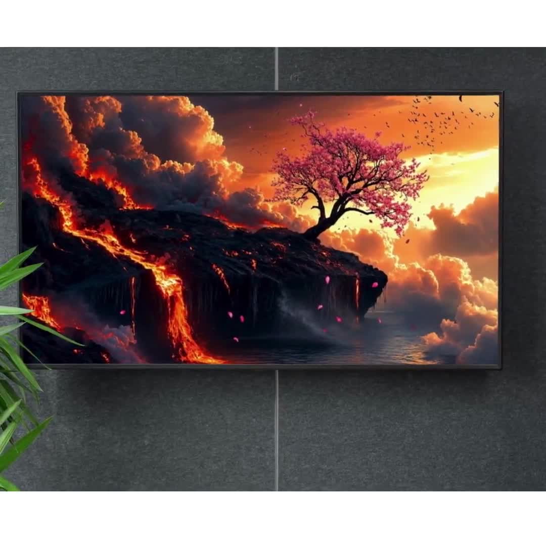シュールな桜の溶岩アート｜禅の火山風景プリント｜ピンクとオレンジの
