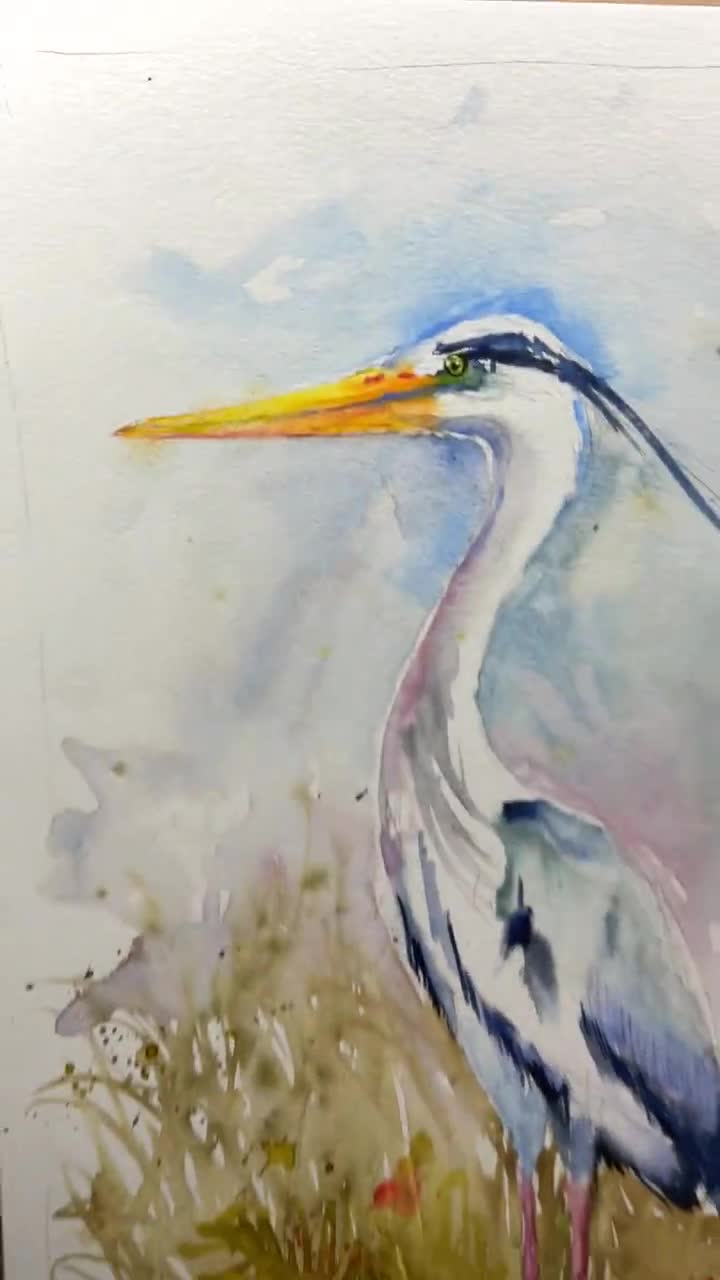 アオサギの絵画、アオサギのオリジナル水彩画、沼地や池の水鳥の絵画
