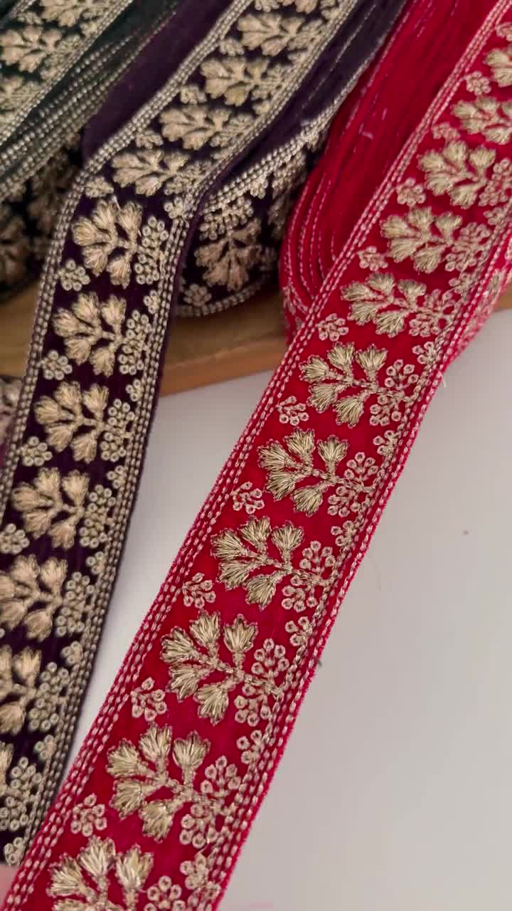 4.6cm Velvet Trim | Red Wine Bottle Green | Gold Zari Sequin