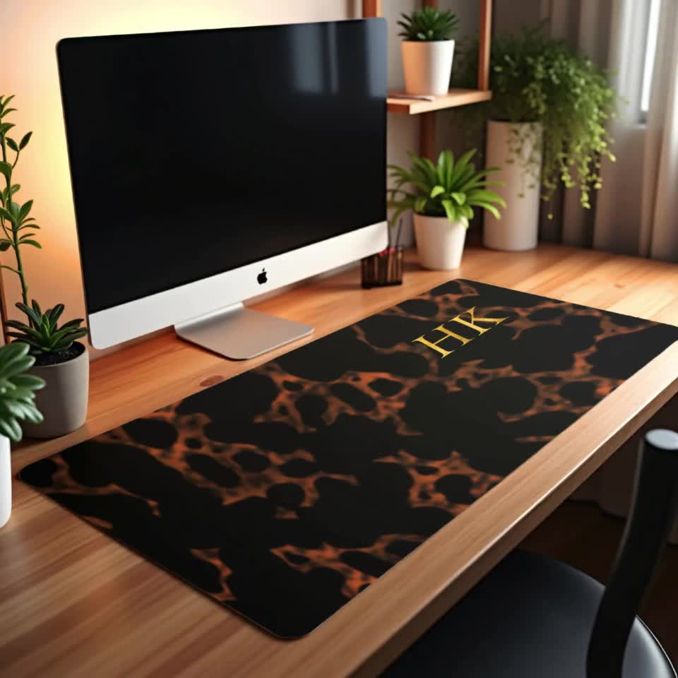 Home Decor, Desk Office Tech Accessory, Custom Luxury Tortoise Shell Look Desk Mat, Personalized Classic Gold Initial Mouse Pad, Desk Mat video poster