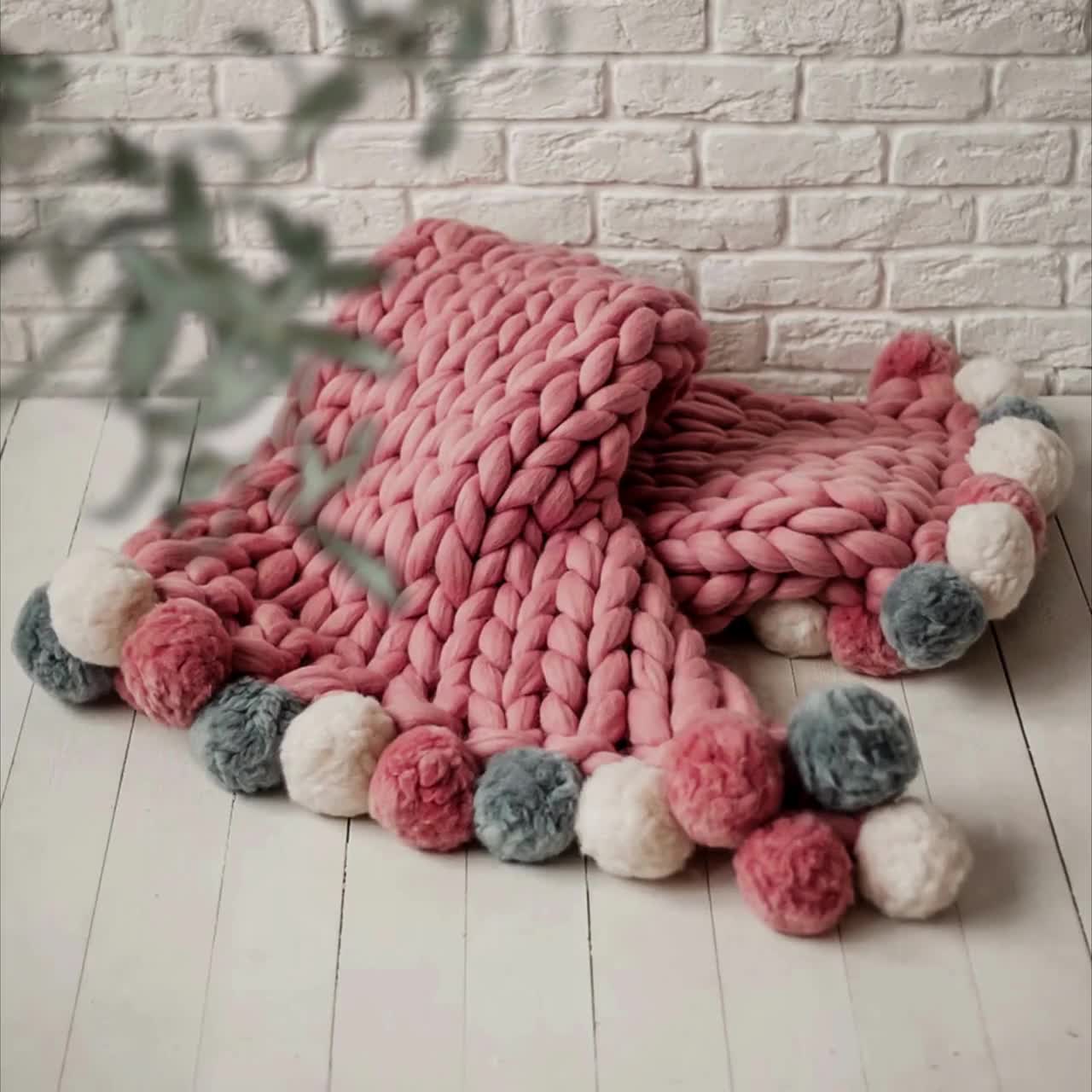 Pom Pom Chunky Throw Blanket. Pink Merino Jumbo Blanket. Birthday Gift Etsy