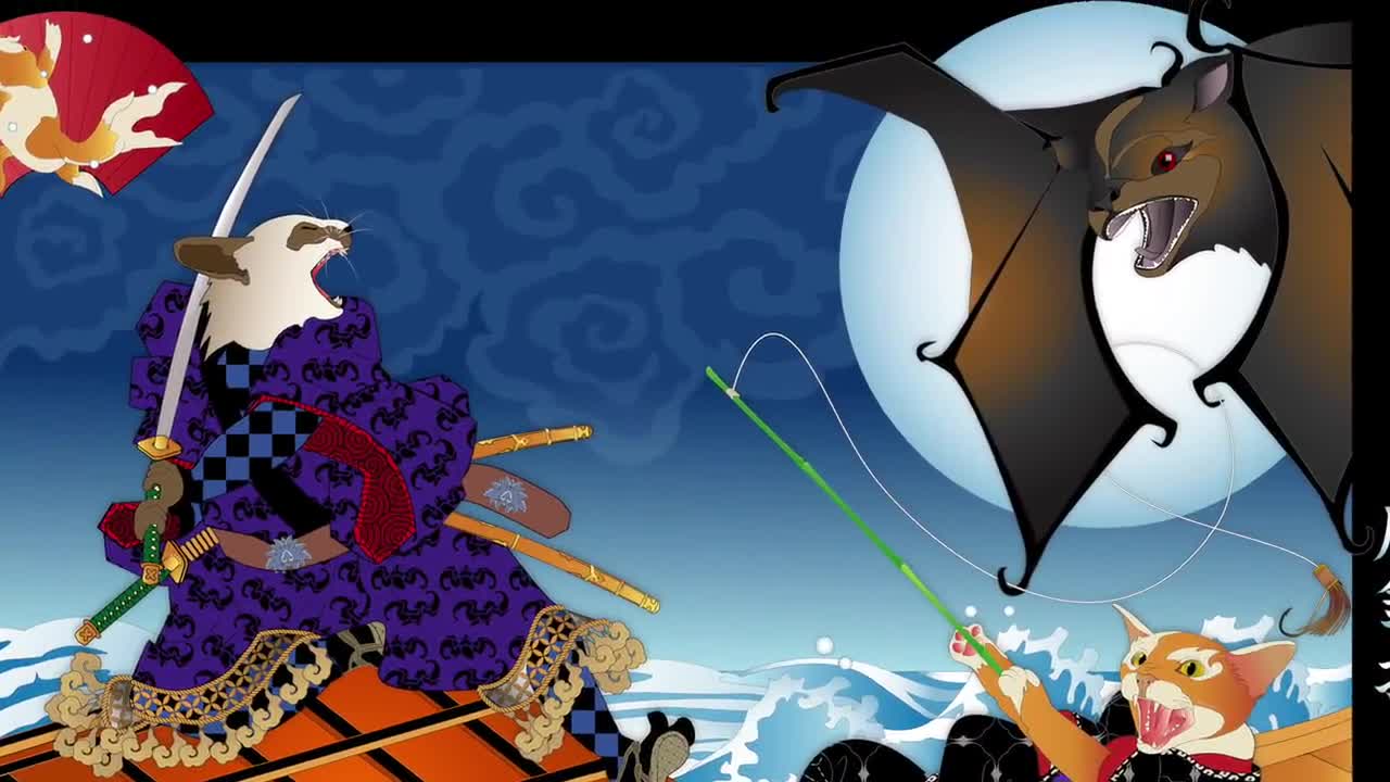 UNINVITED GUEST, Metal Print or Giclee Cat Print, Kimono, Original Art, bat, Cat Tales, fishing, samurai, Japanese culture, ukiyoe, boating video poster