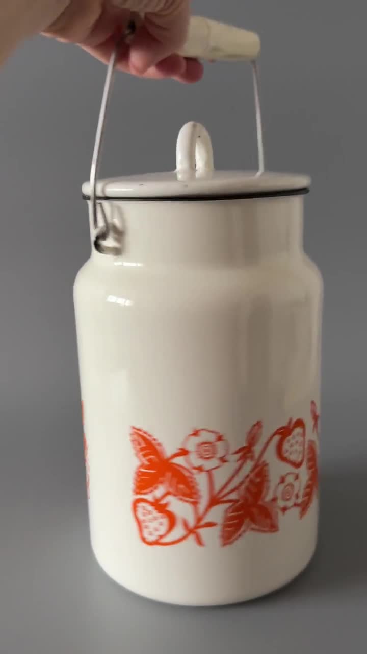 Vintage White Enamel Milk Can With Orange Pattern, Enamel Bucket