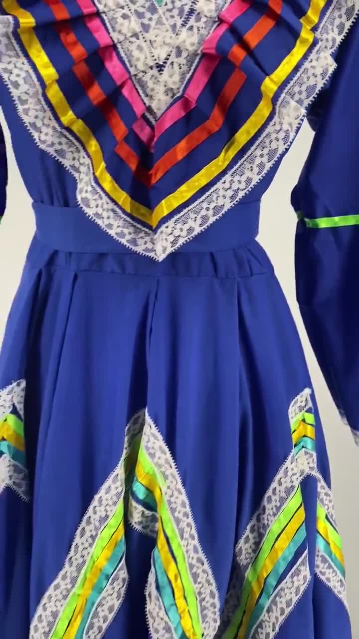 ロイヤルブルーの伝統的なハリスコ風ワンピースドレス - メキシコの