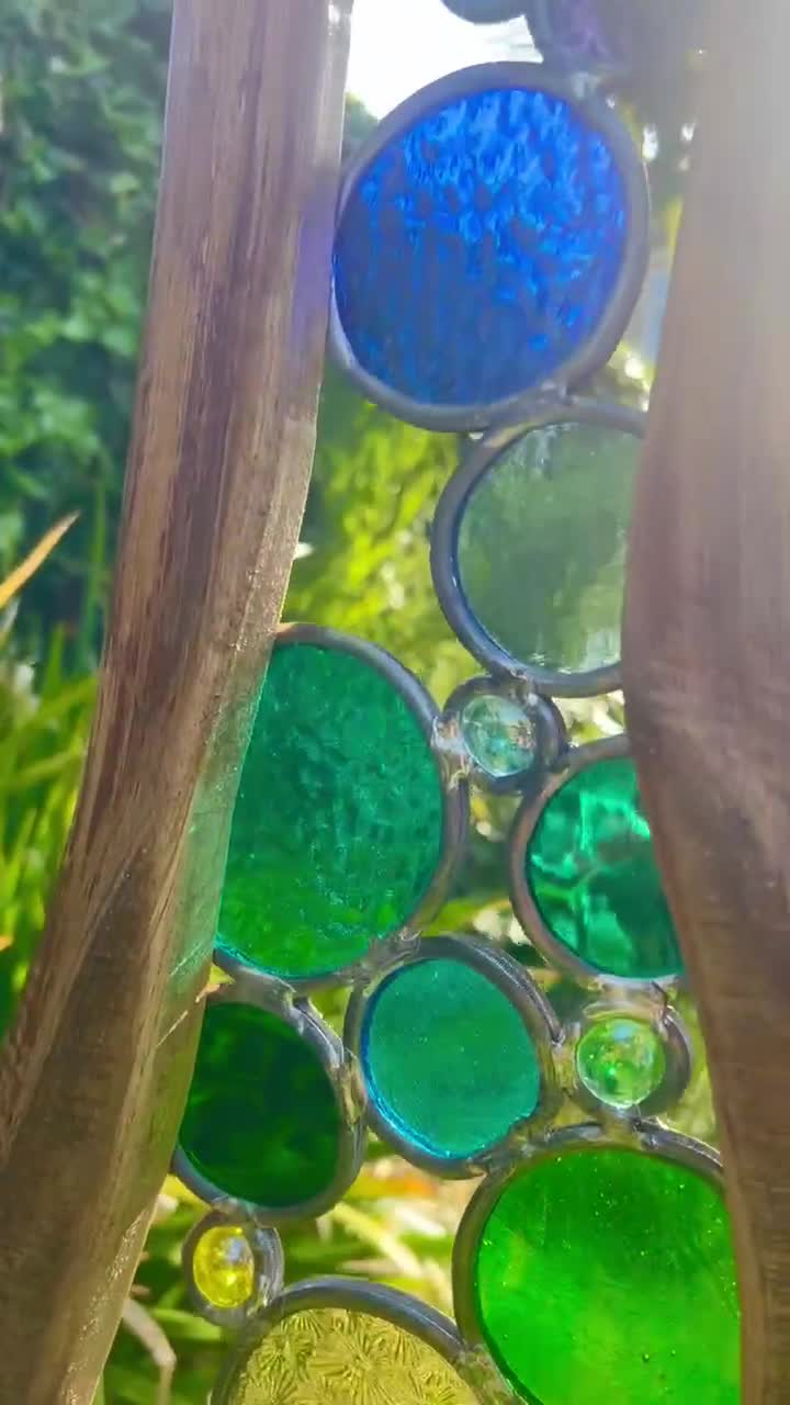 Stained Glass Garden Sculpture, Reclaimed Oak Wood Art, Handmade