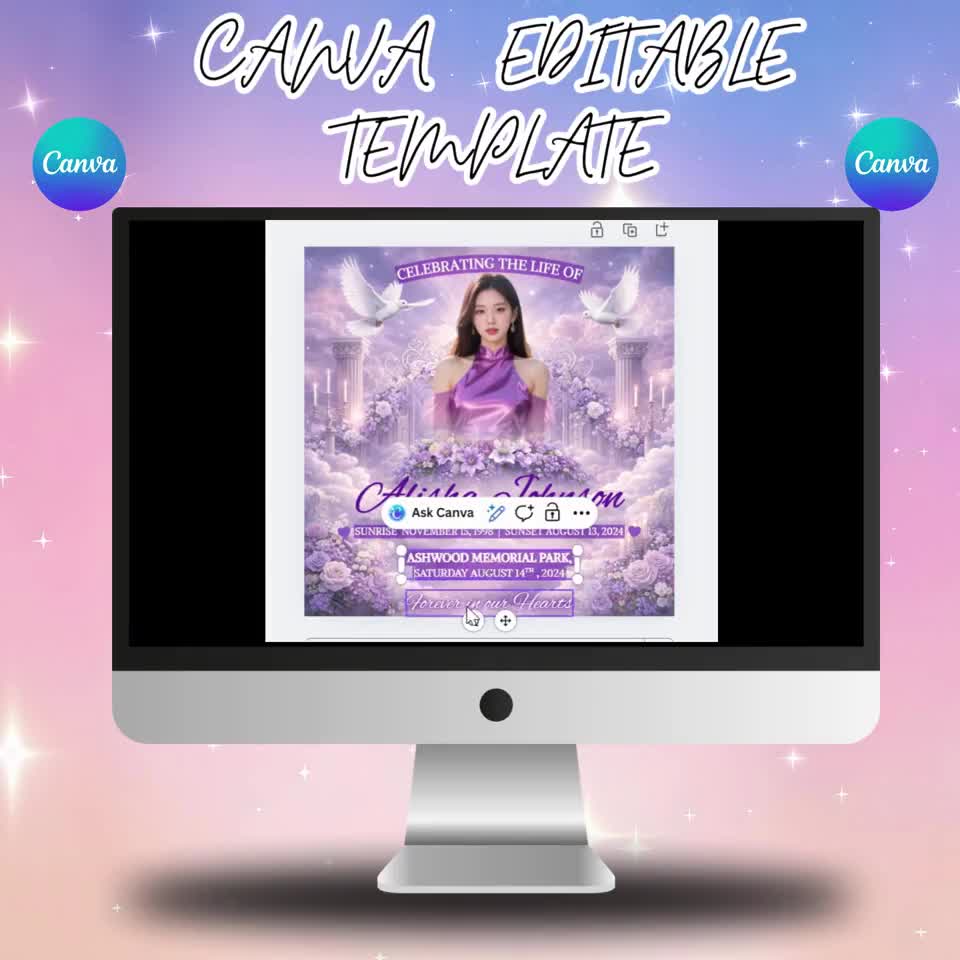 Plantilla de anuncio de funeral "Celebración de la Vida", folleto de servicio conmemorativo "Rosa Púrpura", plantilla editable de Canva para invitación a funeral video poster
