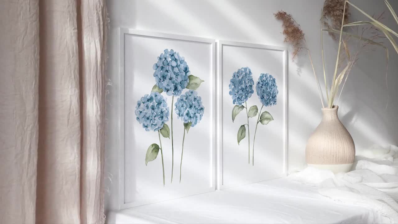 Set Di 2 Federe Per Cuscini 45x45 Cm Con Stampa Ortensia Blu - Acquercello Floreale, Solo Fodera Con Cerniera, Per Divano E Camera