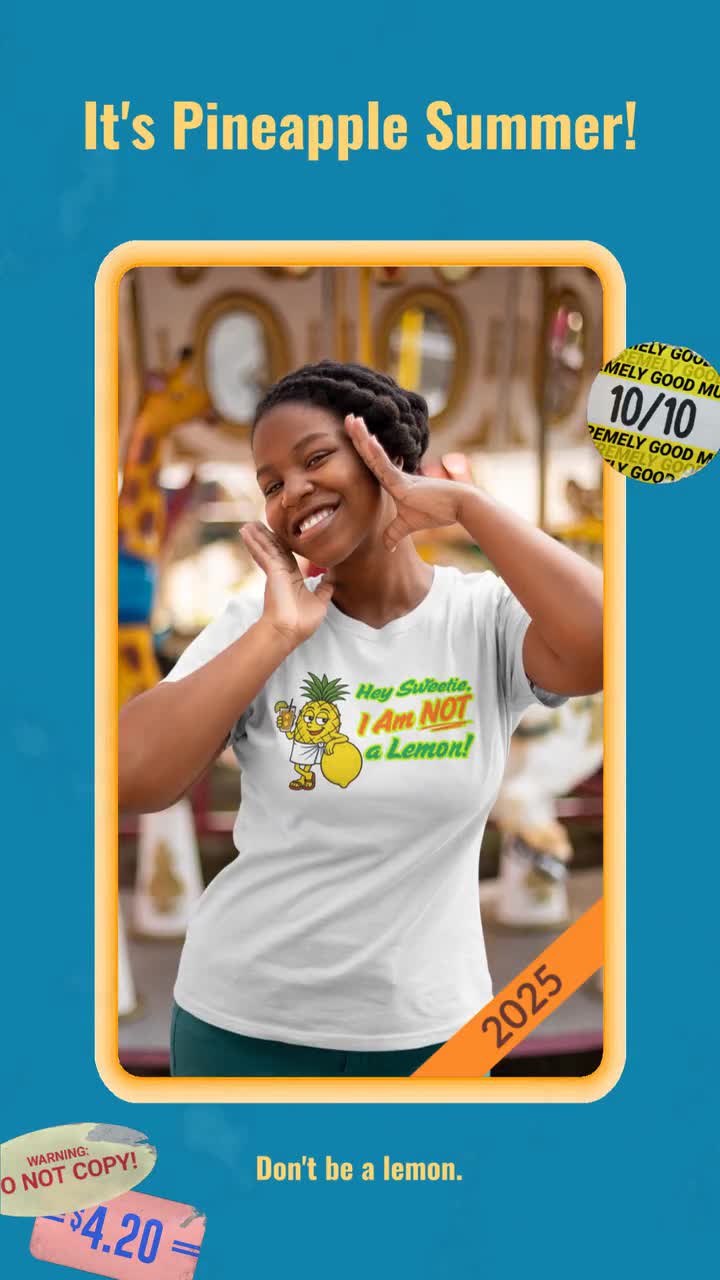 V-neck Shirt With Pineapple Gal Holding Iced Tea, Leaning on Lemon