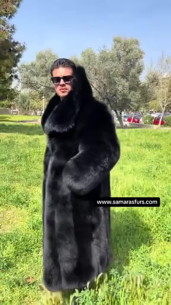 高級メンズスカンジナビアブラックフォックスコートフルレングス、両面