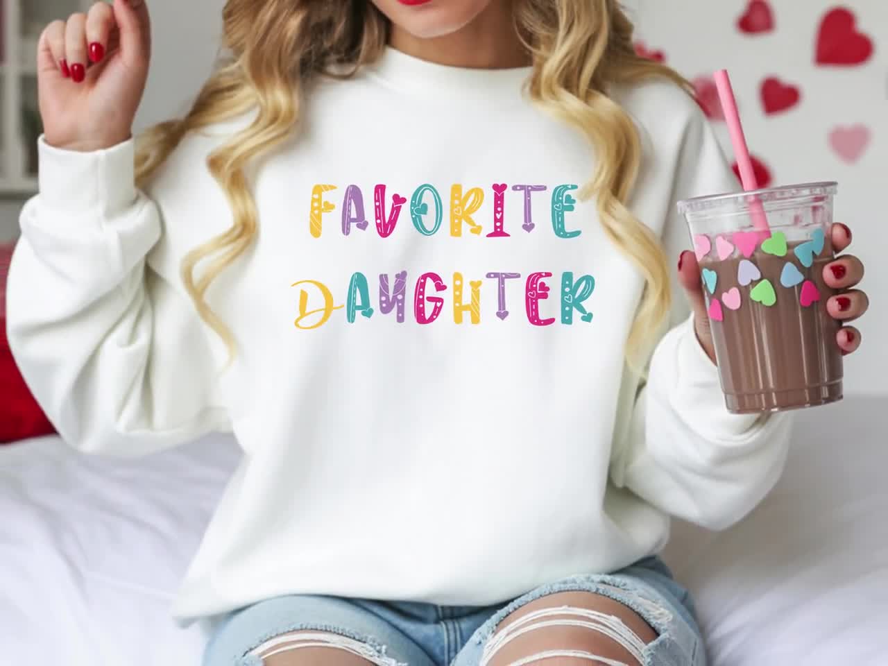 Favorite Daughter Sweatshirt, Colorful Lettering Crewneck, Funny Family Gift, Trendy Coquette Pullover, Birthday Present, Hoodie Graphic video poster
