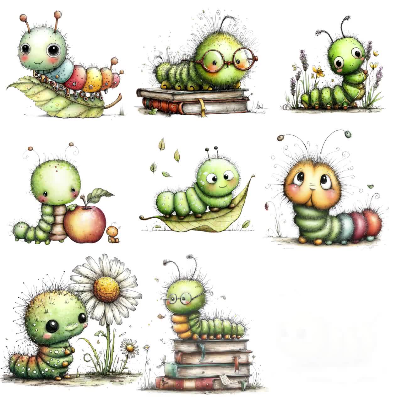 Spring Caterpillar Clipart Bundle | Cute Insect Watercolor PNG | Whimsical Bookworm Graphics for Junk Journal | Transparent Background video poster