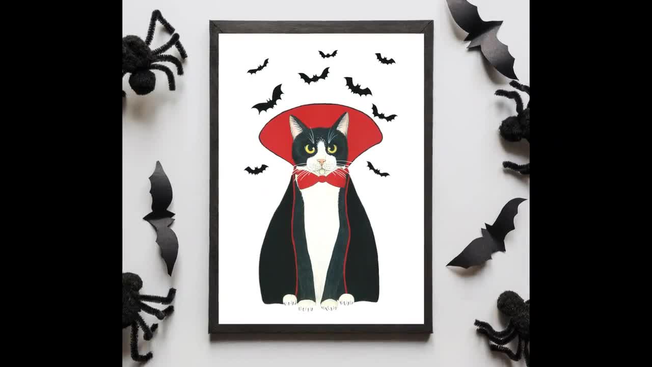 吸血鬼タキシード猫のハロウィンプリント、猫とコウモリのアート