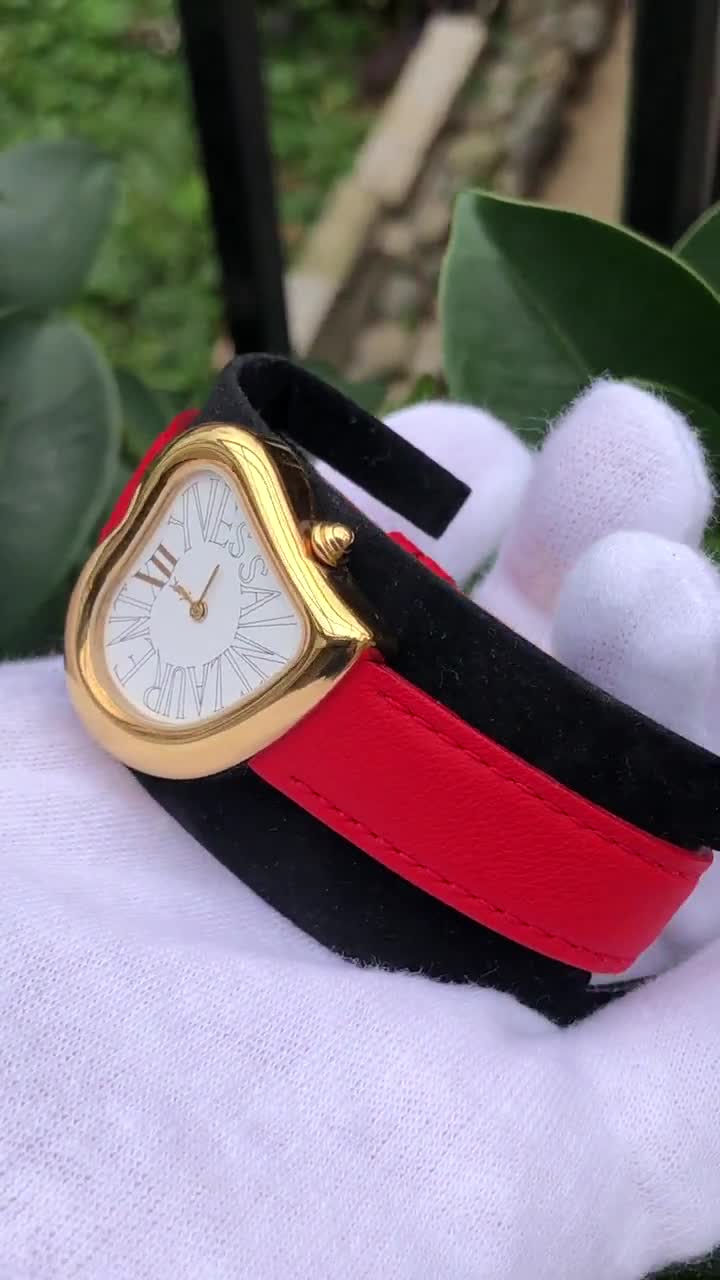 Vintage YSL Heart Watch, Red Leather Strap, Original Box Good
