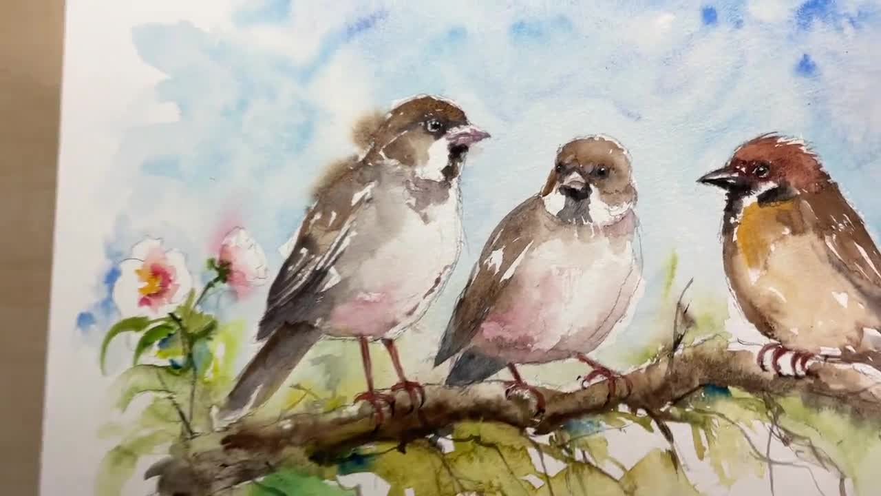 スズメのオリジナル水彩画、枝にとまる鳥の壁飾り、子供部屋の装飾