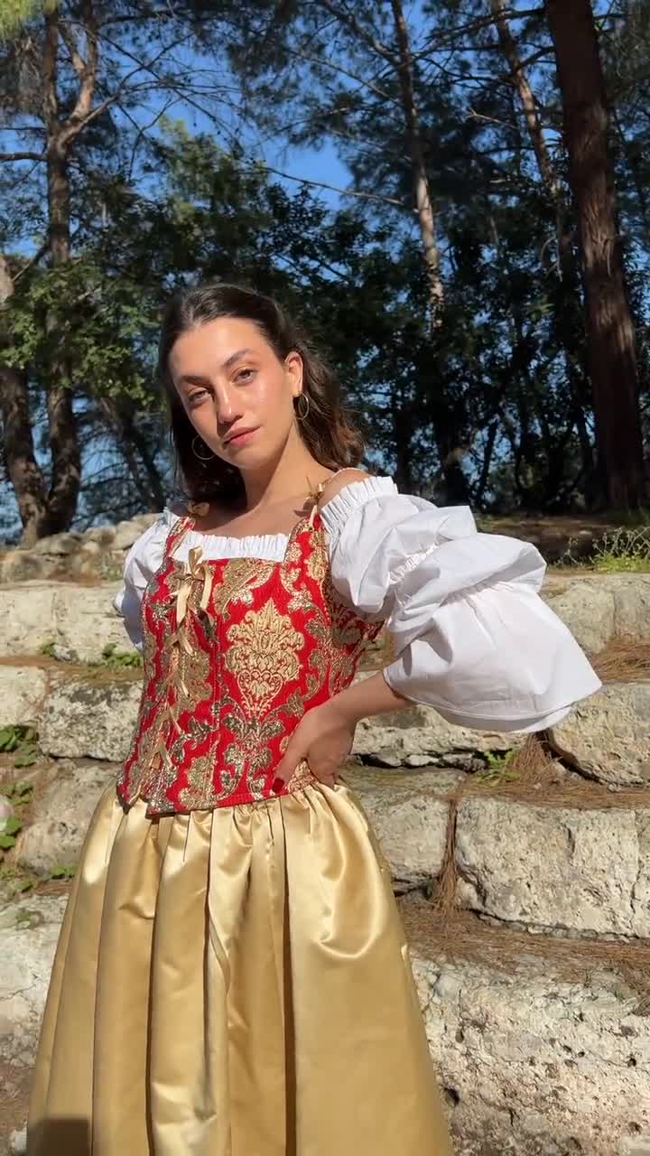 Renaissance Corset Bodice Stays in Red and Gold Paisley Jacquard