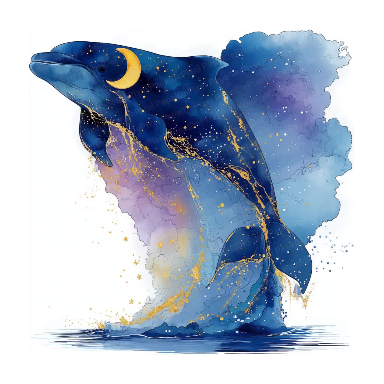 神秘的なイルカのクリップアート、天空の海の動物アート、月と星の