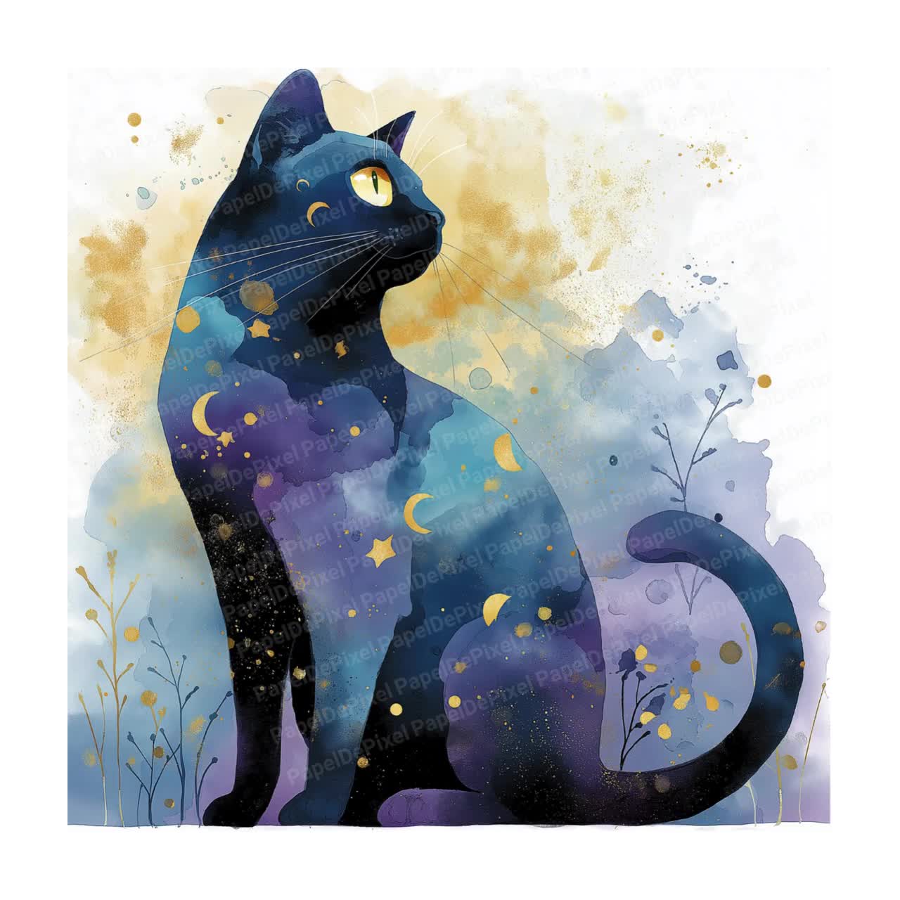 黒猫のクリップアート：水彩画の月と星、かわいい黒猫、気まぐれな動物
