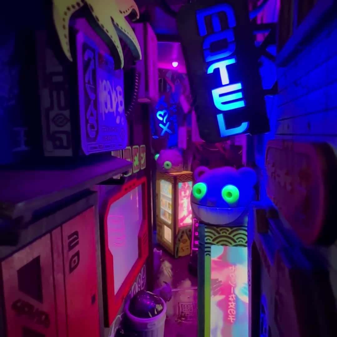 MINIALLEY Cyberpunk Futuristic Alleyway Booknook Handmade and Assembled  Unique Illusions and LED Lighting Perfect for Home Decor 