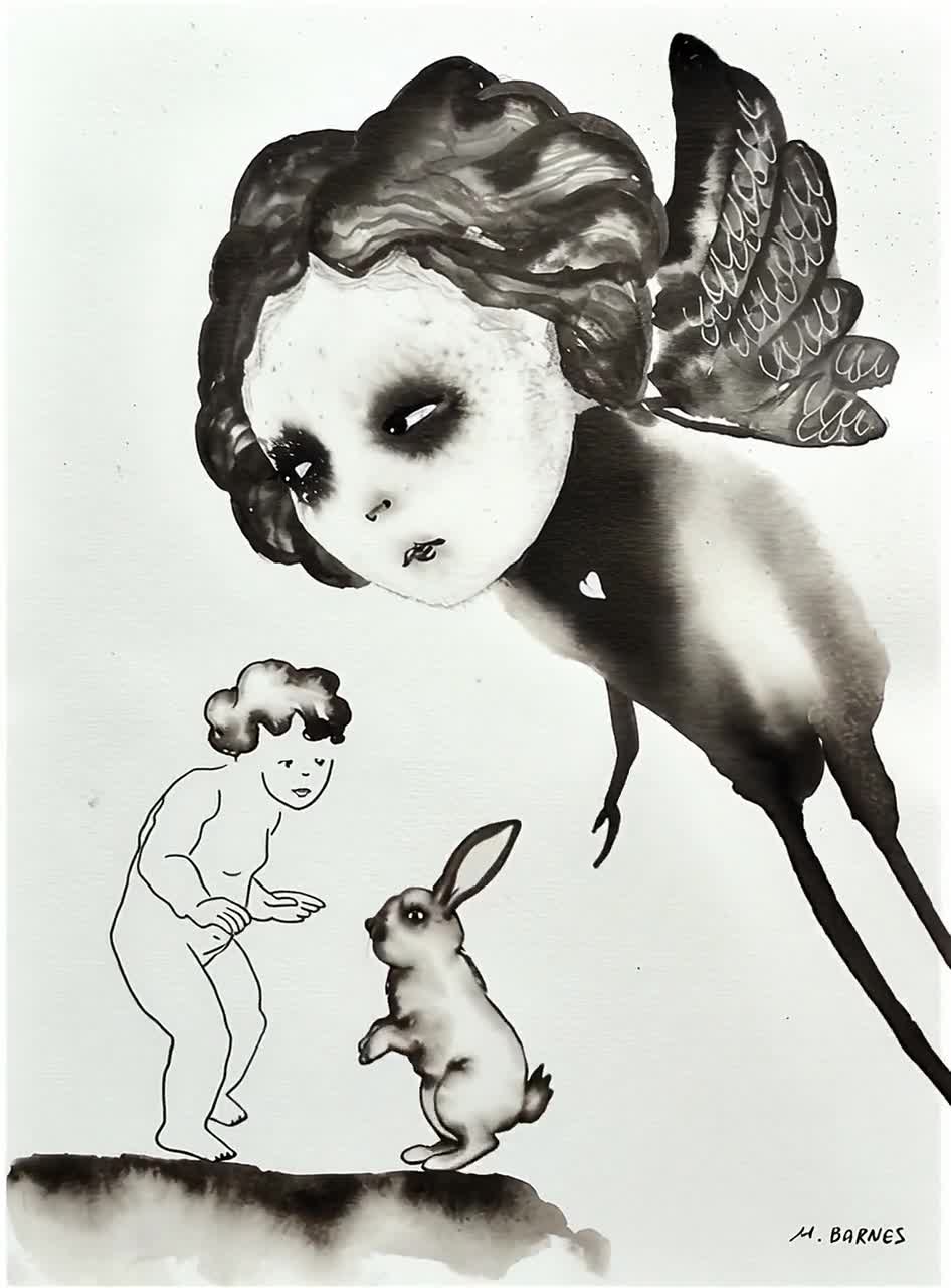 うさぎと子供の水彩画 天使の守護アート：ウサギと子供、白黒水彩画 - Etsy 日本