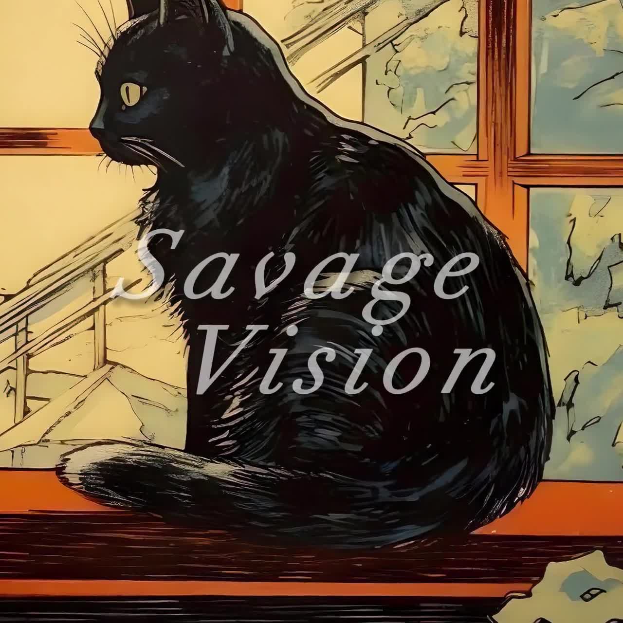 ヴィンテージの黒猫の絵画、窓辺の猫のプリント（デジタルダウンロード