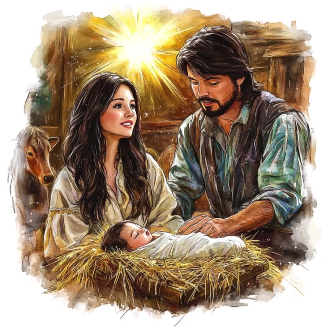 水彩画のキリスト降誕シーンのクリップアート、宗教的なクリスマス