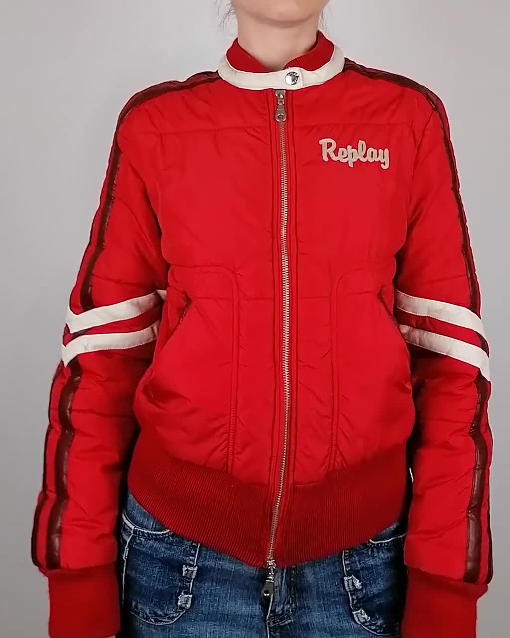 REPLAY Vintage Y2K Bomber Jacket Embroidery Vikings School Softball Red  College Varsity Style Quilted Jacket - size M