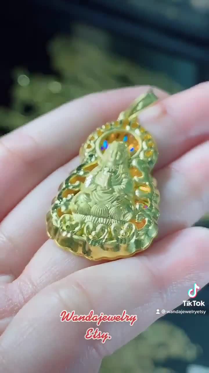 23K 980 Pure Gold Diamond cut Kwan Yin, Quan Yin Buddha Heavy Pendant