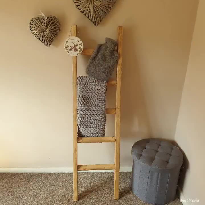 MyGift Escalera de manta de madera maciza gris vintage con 4 peldaños y  soporte para revistas, toallero de baño inclinado en la pared con estante  de