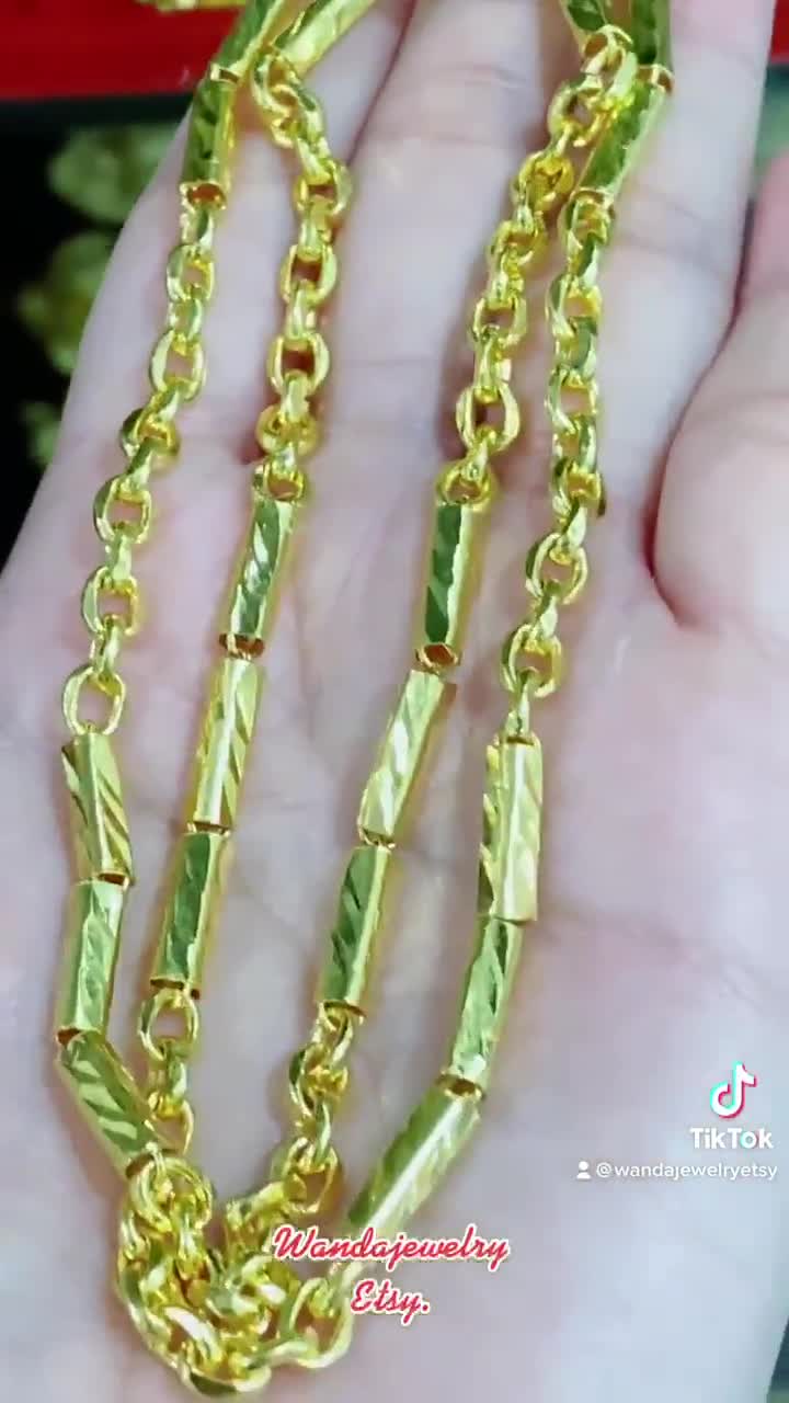 24K 980 Pure Gold Bamboo Rolo Link Chain Necklace 21