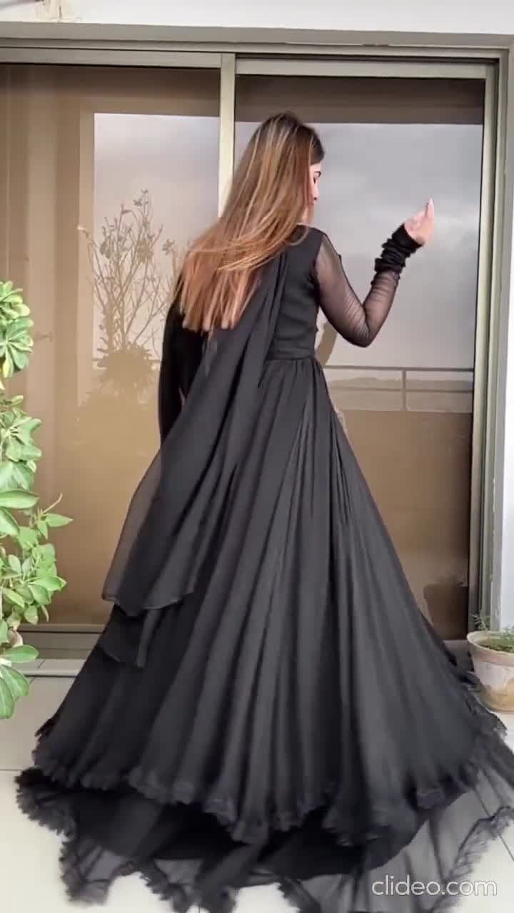 Georgette Fabric Black Color Party Wear Readymade Long Gown