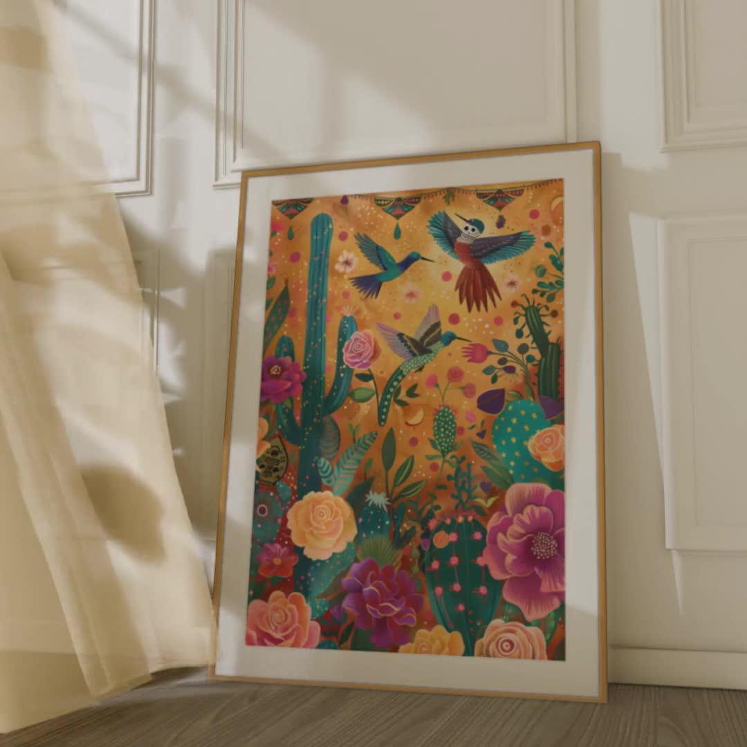 Mexican Folk Art Hummingbird Print, Boho Floral Wall Art, Colorful