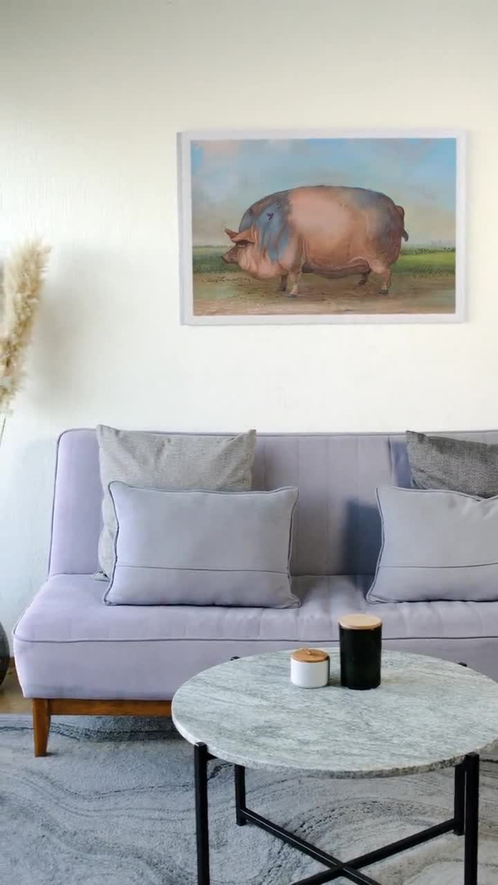 賞品 豚 19世紀 フォークアート 油絵 複製画、豚の屋外風景画 フレーム