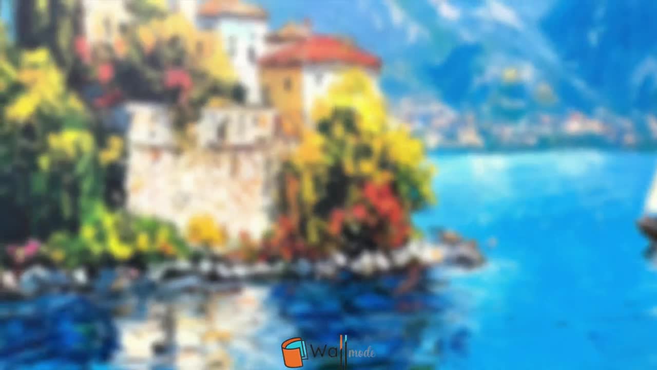 地中海の湖の景色を描いた額装壁画：イタリア沿岸の風景画風ウォール